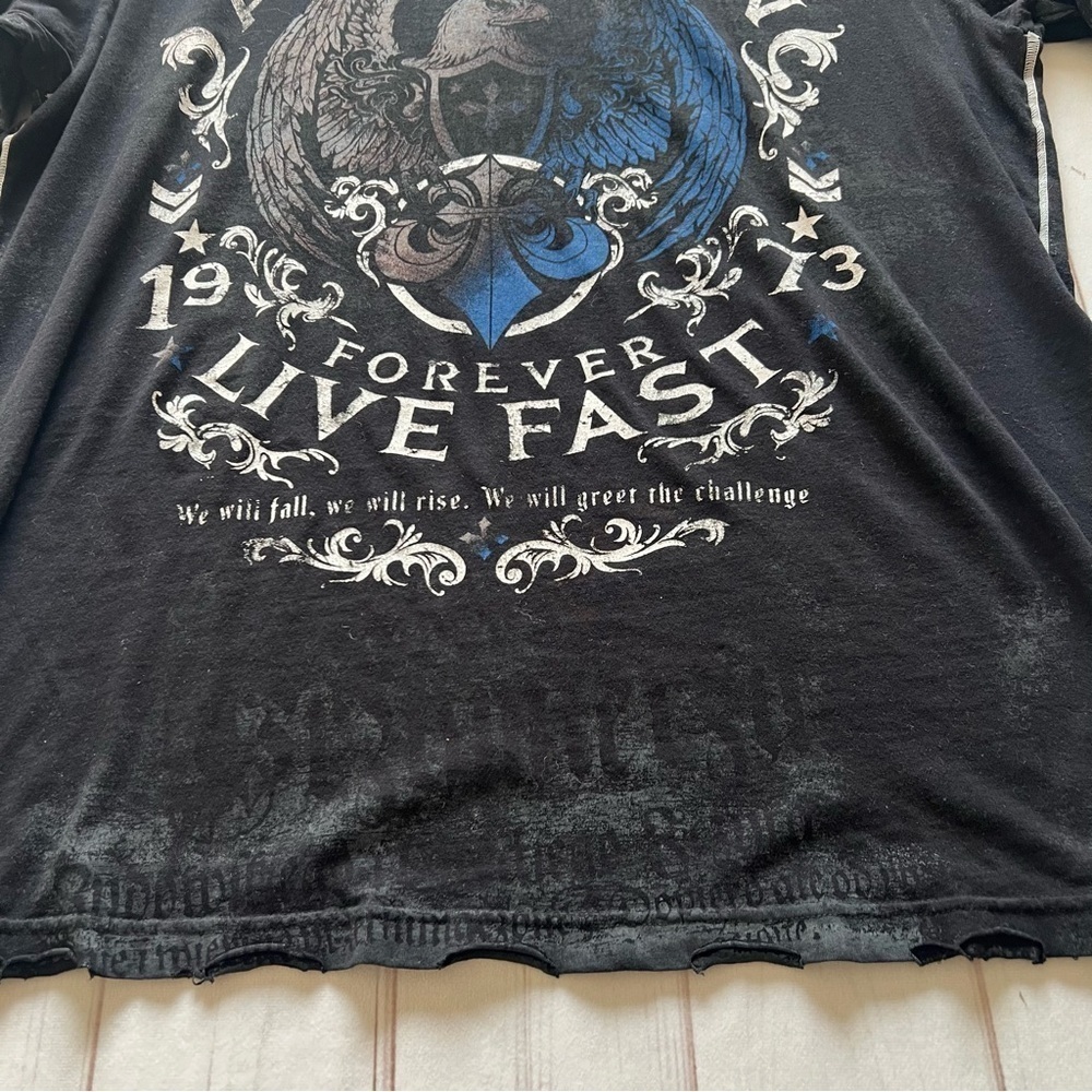 NWT Affliction Mens T-Shirt 2X Black Live Fast Double Side Distressed Y2K Grunge - Picture 9 of 15